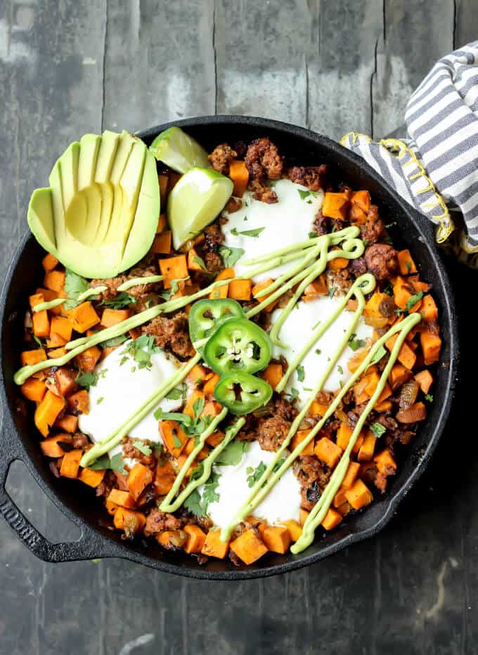 Sweet Potato Chorizo Hash with Eggs and Avocado Crema