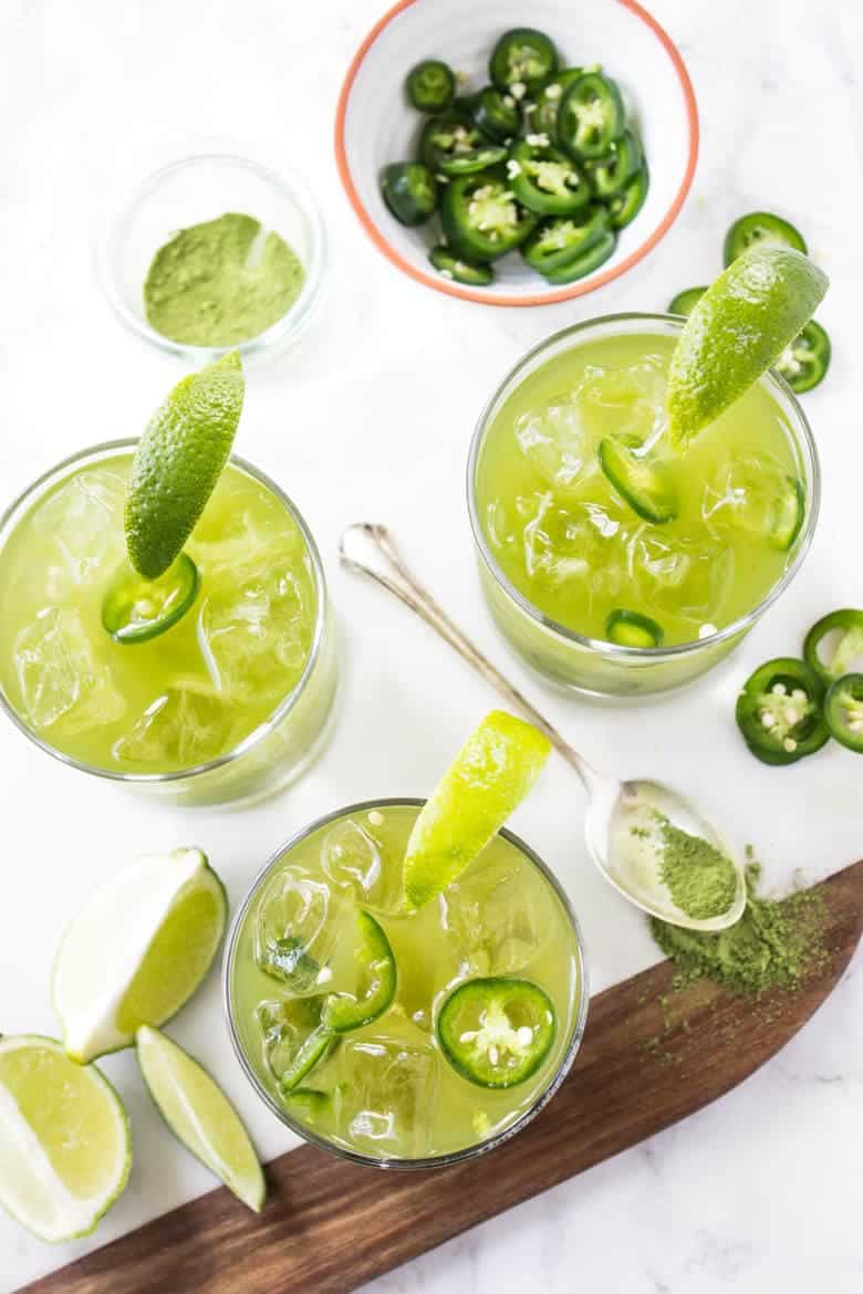 Spicy Matcha Margaritas - Matcha powder, green tea, tequila, lime juice, jalapeños, and a honey simple syrup gets combined for this epic cocktail.
