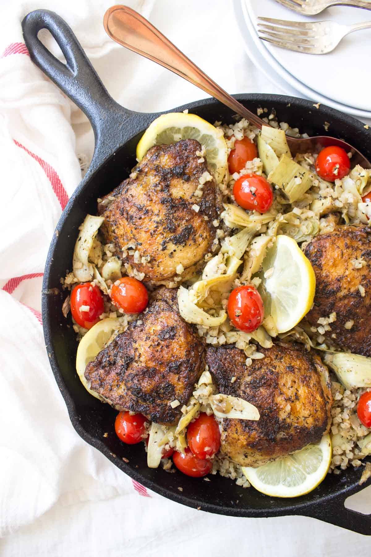 One Pan Greek Lemon Chicken with Lemon Cauliflower Rice - Wicked Spatula