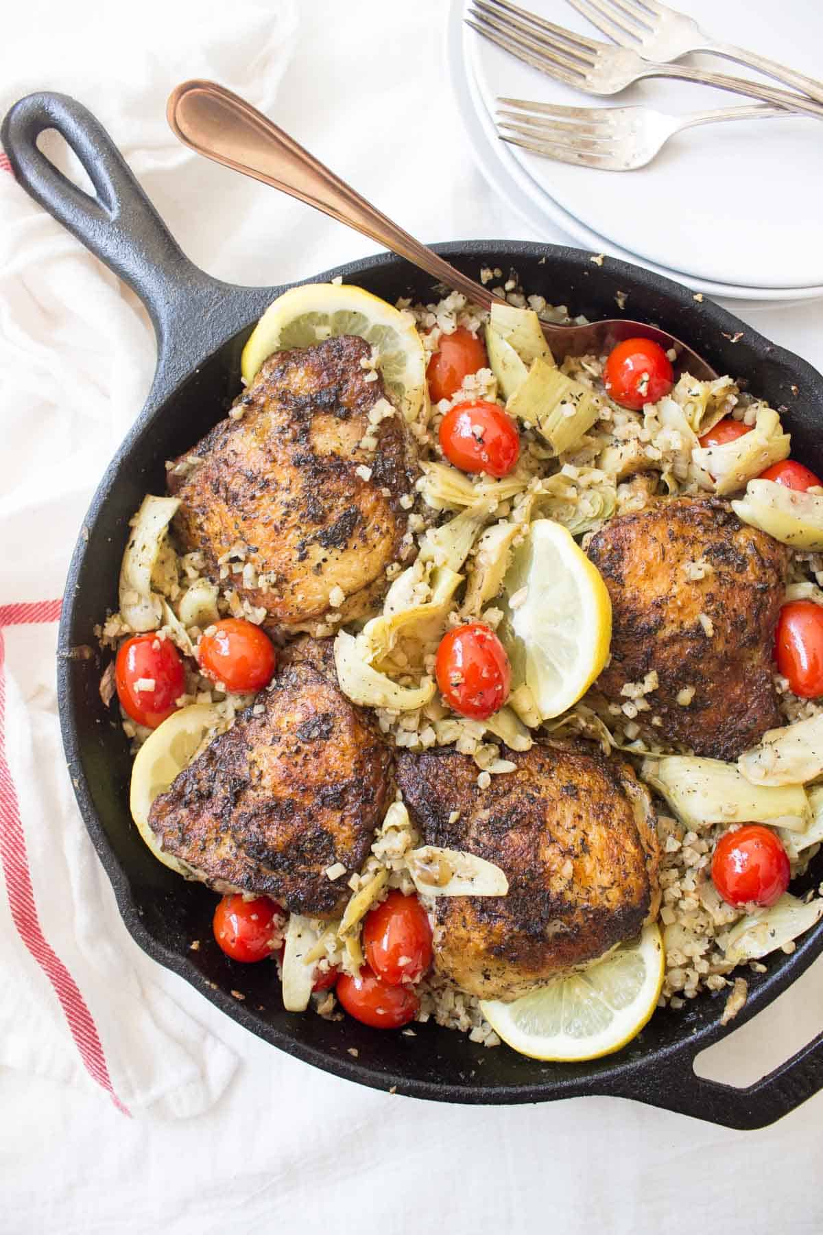 One Pan Greek Lemon Chicken with Lemon Cauliflower Rice - Wicked Spatula