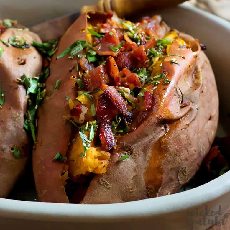 The Best Baked Sweet Potato Recipe (Brown Butter, Bacon & Herbs
