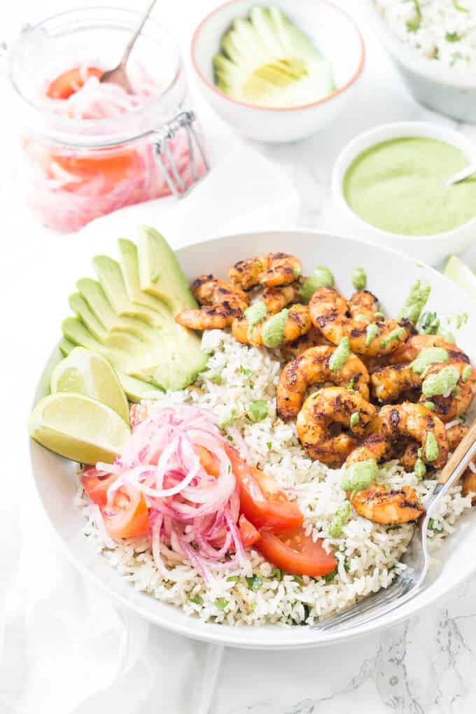 Peruvian Shrimp Bowls with Coconut Cilantro Rice - Wicked Spatula