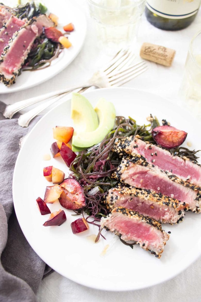 Ahi Tuna Seaweed Salad + Roasted Plums & Avocado | Wicked Spatula