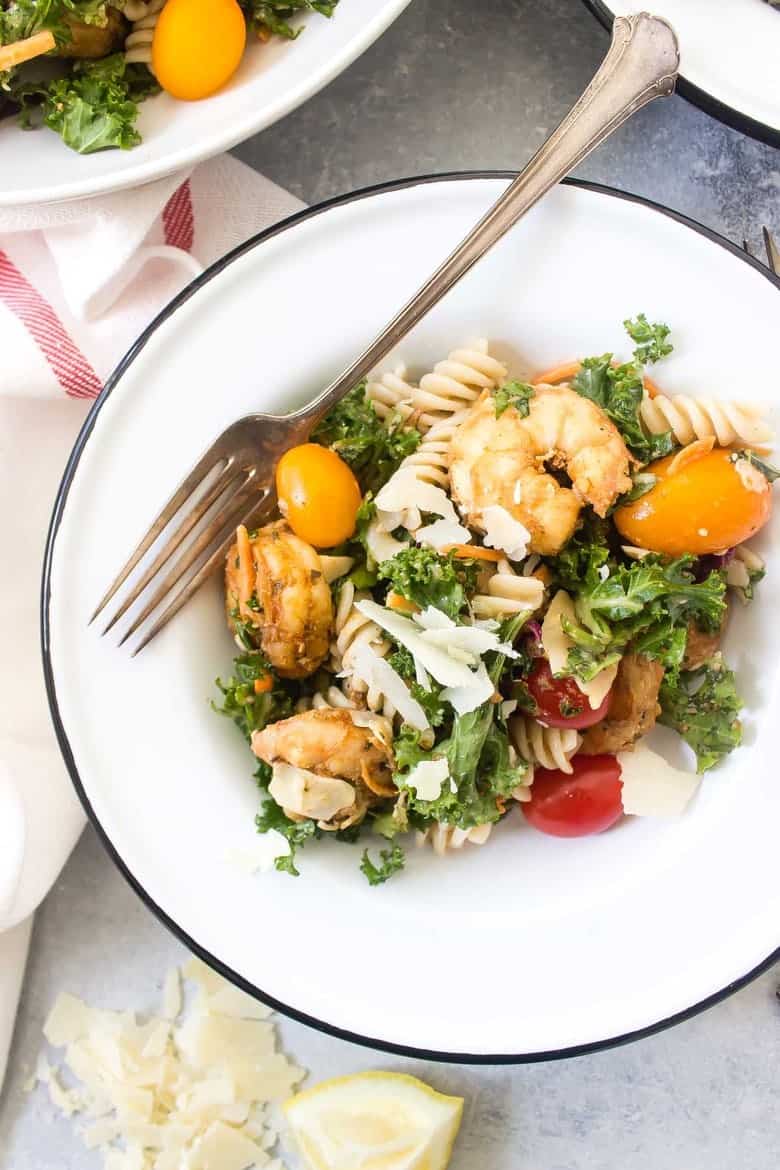 Caesar Shrimp and Kale Pasta Salad (gluten free!) - Wicked Spatula