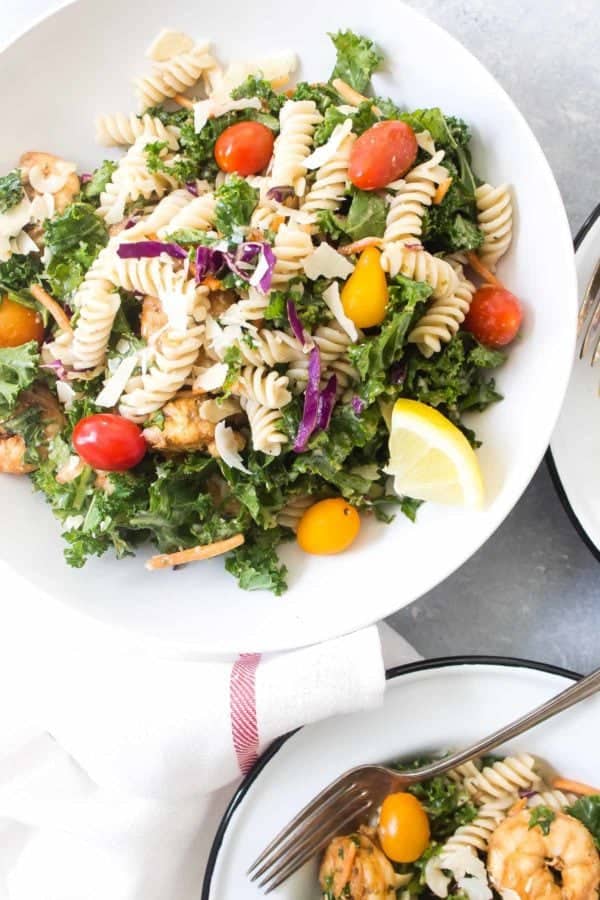 Caesar Shrimp and Kale Pasta Salad (gluten free!) - Wicked Spatula